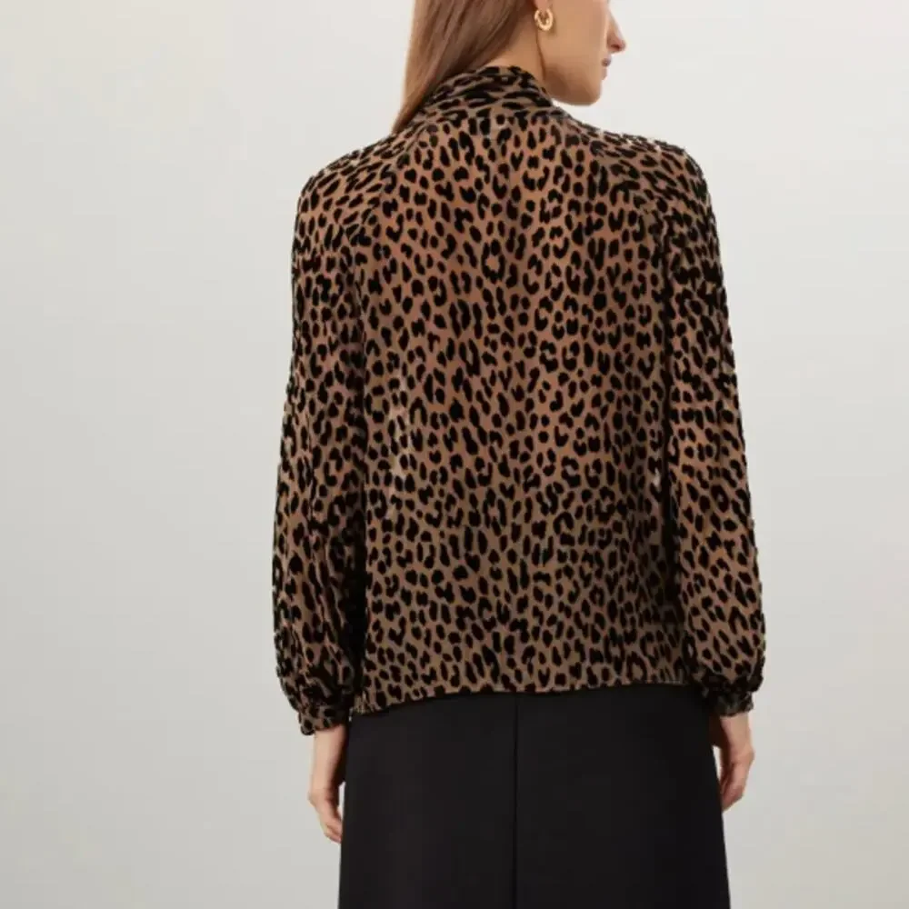 Kate Spade Brown Leopard Bow Blouse Top XS Career Designer Tie Neck Velvet $300